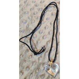 Lalique Amoureuse Crystal Glass Heart Pendant on Original Black Cord Necklace